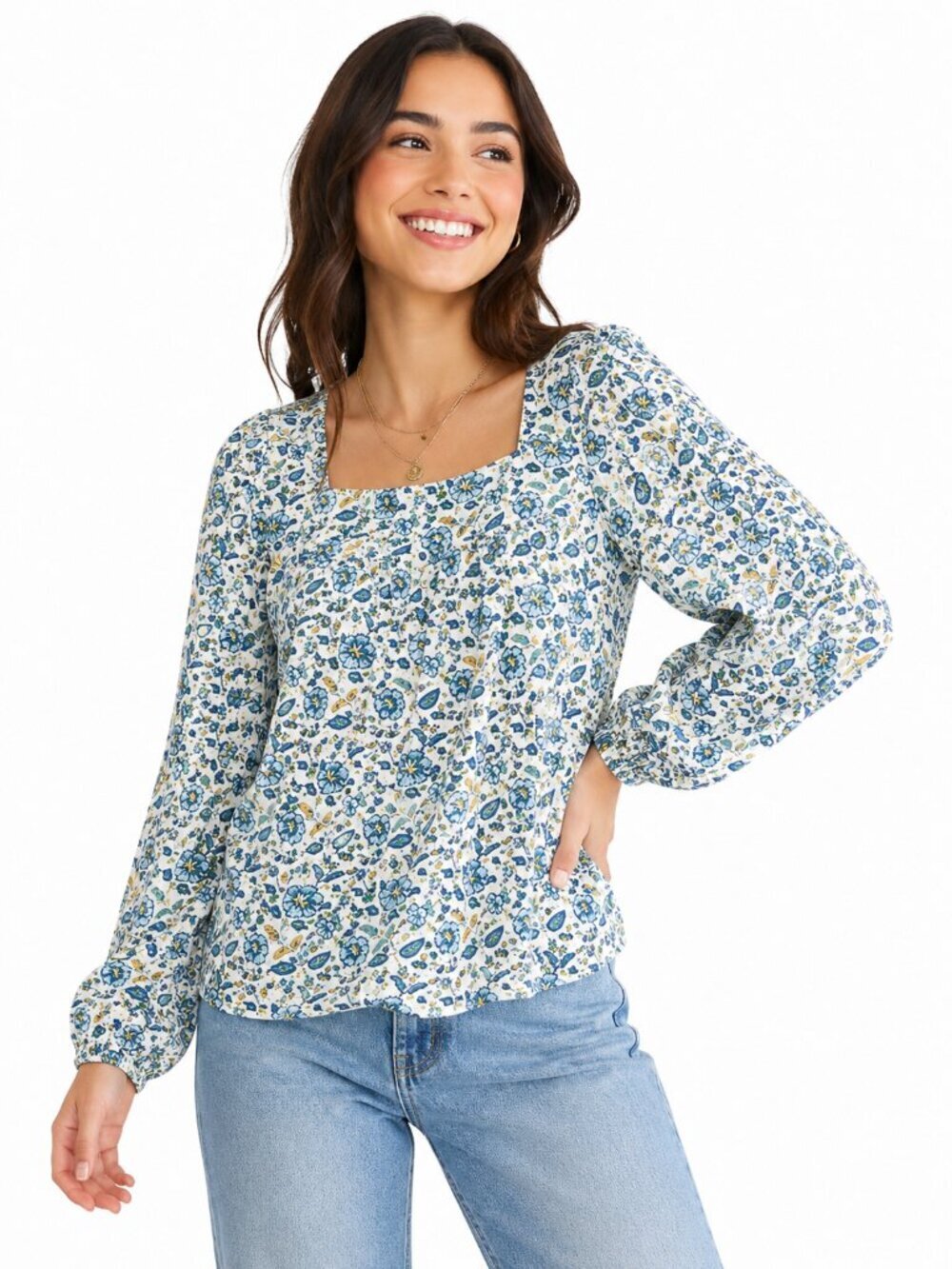 Lucky Brand Women's Top Cream Square Neck Top Boho Floral Long Sleeves NWT - Picture 1 of 7